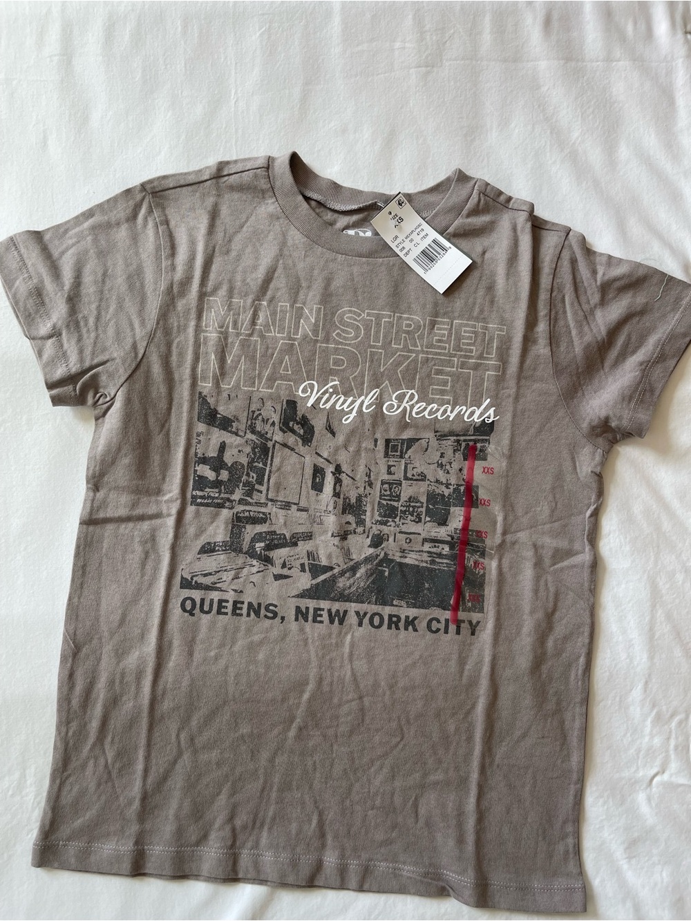 Vinyl Records Graphic Tee - Taupe with Red Accent